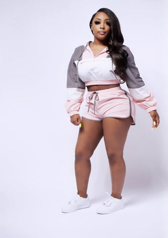 Pink Wind Breaker Crop Top Shorts Set