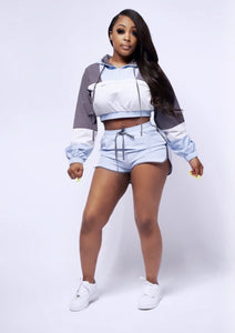 Blue Wind Breaker Crop Top Shorts Set